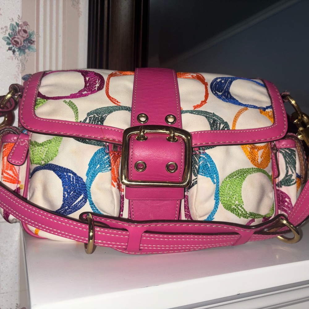 Coach Y2K Scribble Stitch Pocket satchel and brass hardware AS IS staining